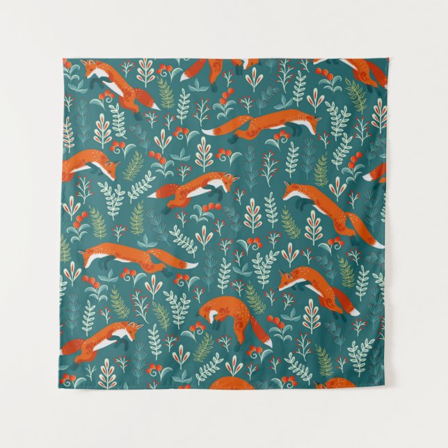 Tapiz Salto de zorros rojos con ornamentos sin soldadura (Anverso)