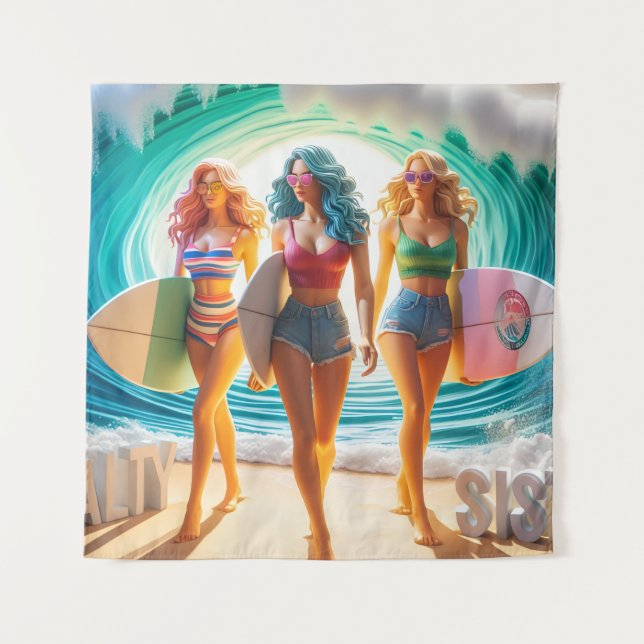 Tapiz Salty Sisterhood Trio Girls Beach Walk Surfer (Anverso)