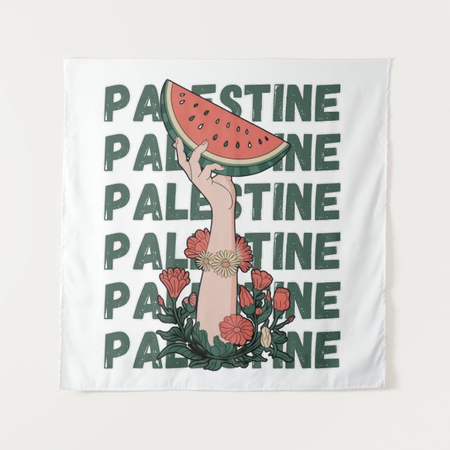 Tapiz sandía, flores y texto palestino Repetir (Anverso)