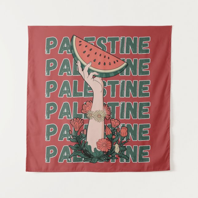 Tapiz sandía, flores y texto palestino Repetir (Anverso)