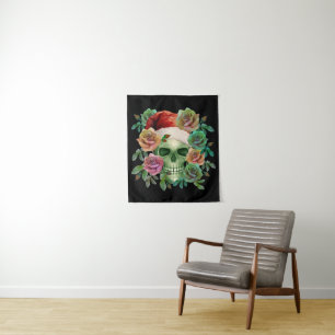 TAPIZ SANTA DIVERTIDO CALAVERA VERDE Y FLORAL DE NAVIDAD