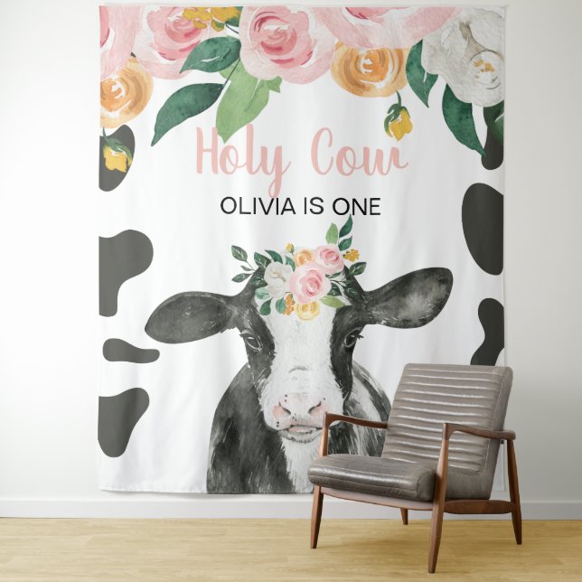 Tapiz Santa Vaca Cumpleaños Floral de Cuadro Rosa (In situ)