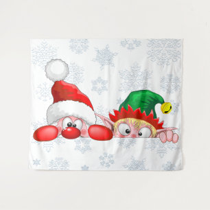 Tapiz Santa y Elf Cute y graciosos personajes Peeking