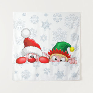 Tapiz Santa y Elf Cute y graciosos personajes Peeking