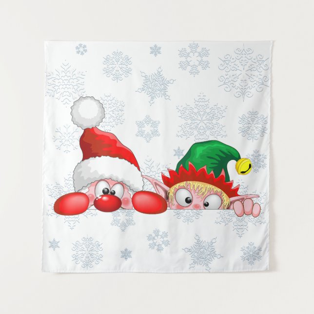Tapiz Santa y Elf Cute y graciosos personajes Peeking (Anverso)