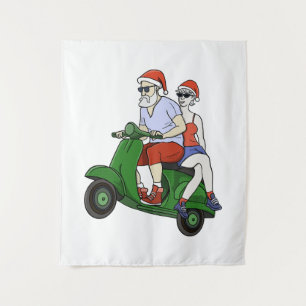 Tapiz Santa y la Sra. Claus montando una moto