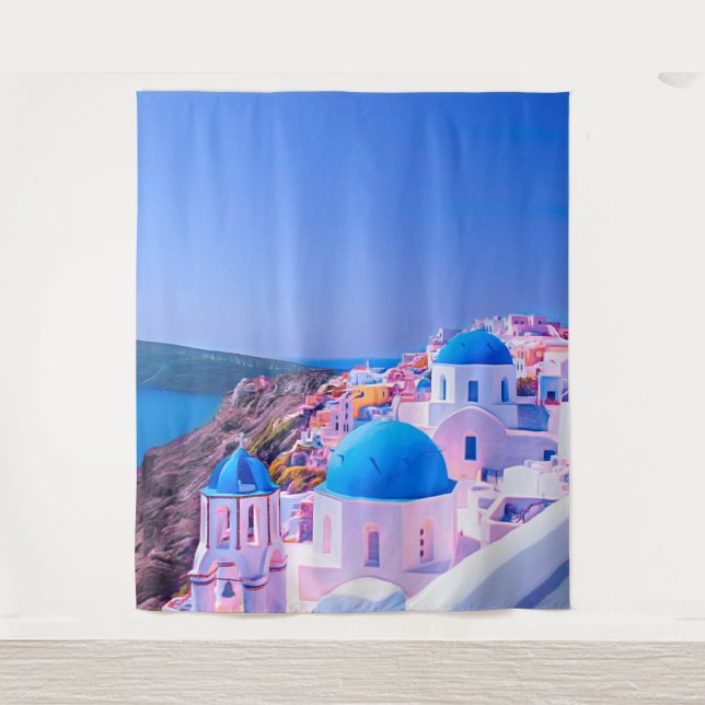 Tapiz Santorini Grecia Fondo de Fotografía de Isla Azul (Anverso)