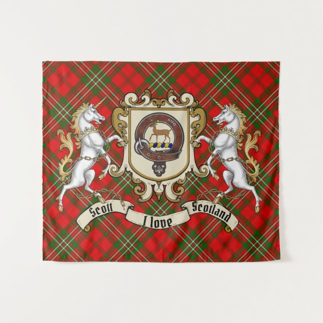Tapiz Scott Clan Badge & Unicorns con Tartán (Anverso (horizontal))