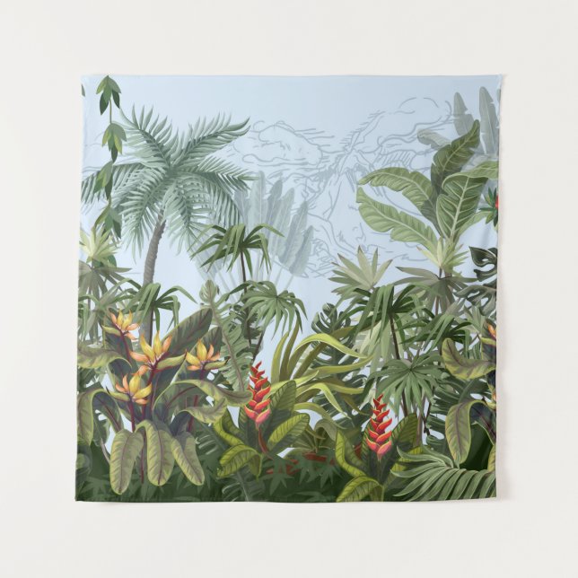 Tapiz Seamless border with jungle trees and flowers. Vin (Anverso)