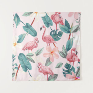 Tapiz seamless flamingos and tropical flowers illustrati