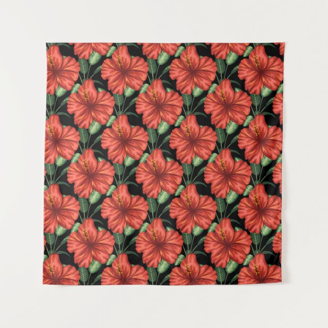 Tapiz Seamless pattern Tropical red flowers green leaves (Anverso)