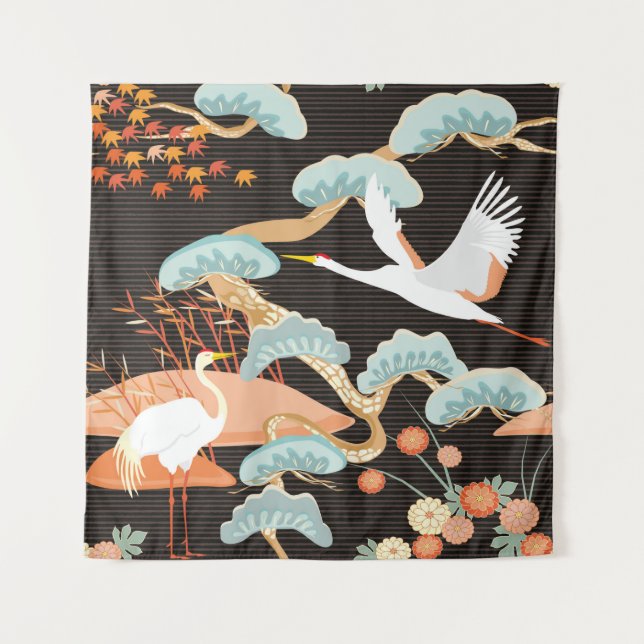 Tapiz Seamless pattern with birds. Crane. Heron. Japanes (Anverso)