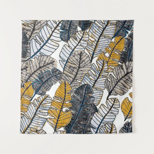 Tapiz Seamless pattern with hand drawn tropical leaves. (Anverso)