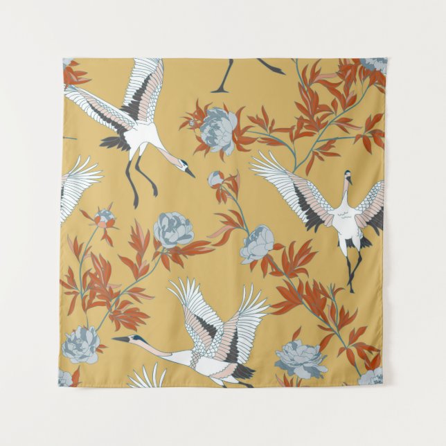 Tapiz Seamless pattern with Japanese white cranes and pe (Anverso)