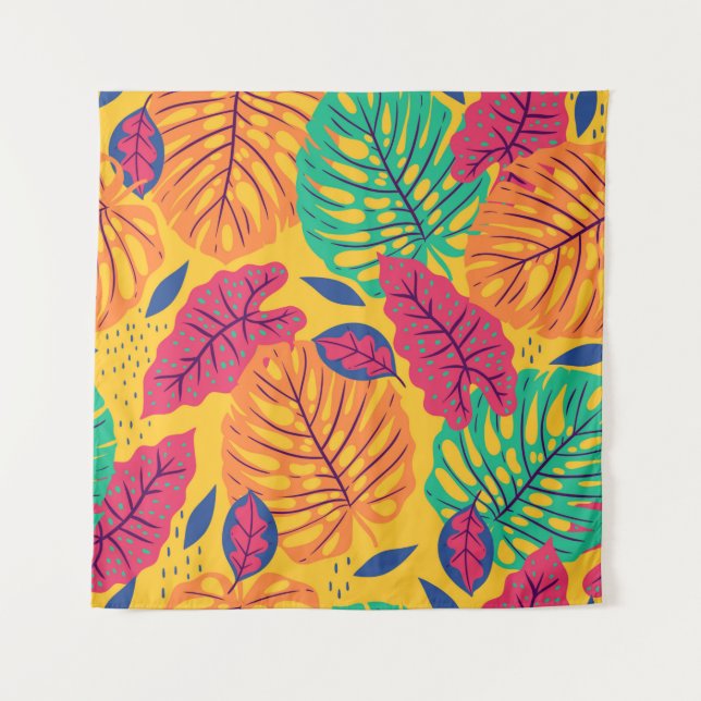 Tapiz Seamless pattern with tropical leaves on yellow ba (Anverso)
