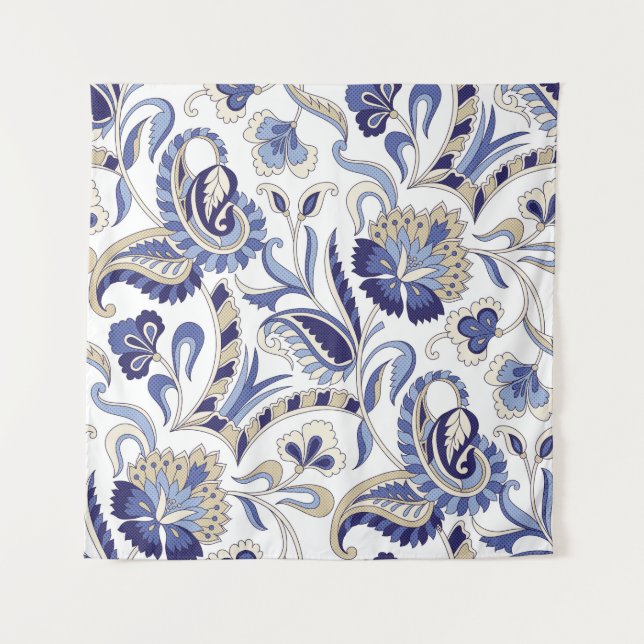 Tapiz Seamless traditional Indian blue paisley patternpa (Anverso)