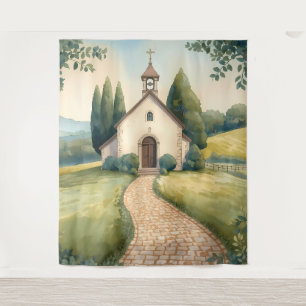 Tapiz Sendero de la Capilla Cottagecore Paisaje Pastel