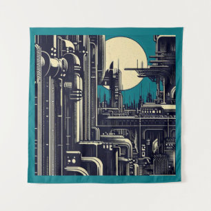Tapiz SF Futurista City Woodcut 2