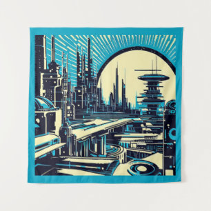 Tapiz SF Futurista City Woodcut 3
