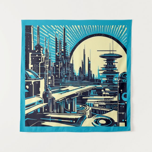 Tapiz SF Futurista City Woodcut 3 (Anverso)