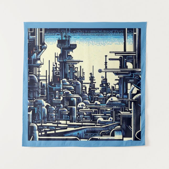 Tapiz SF Futurista City Woodcut 4 (Anverso)