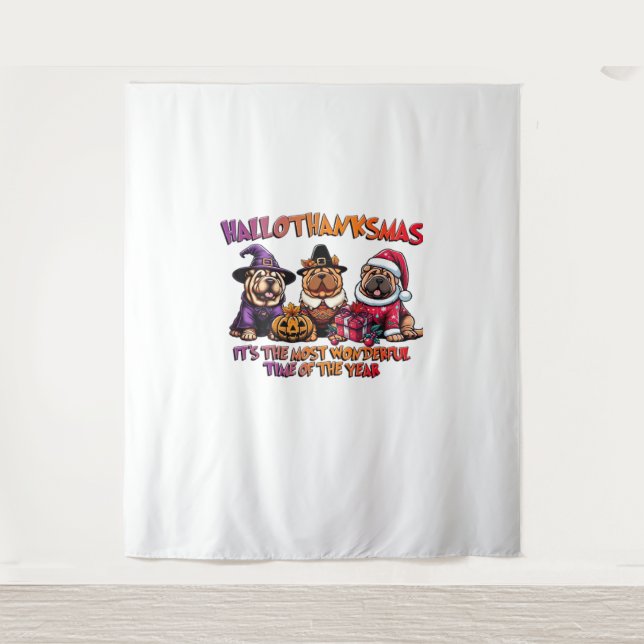 Tapiz Shar Pei Halloween Navidades de Acción de Gracias  (Anverso)