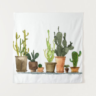 Tapiz Siete cactus de acuarela verde dibujado a mano en 