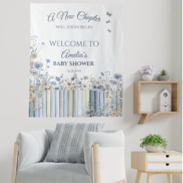 Tapiz Signo de bienvenida de Baby Shower con flores azul