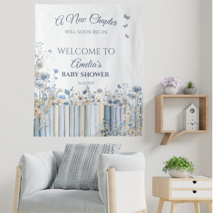 Tapiz Signo de bienvenida de Baby Shower con flores azul