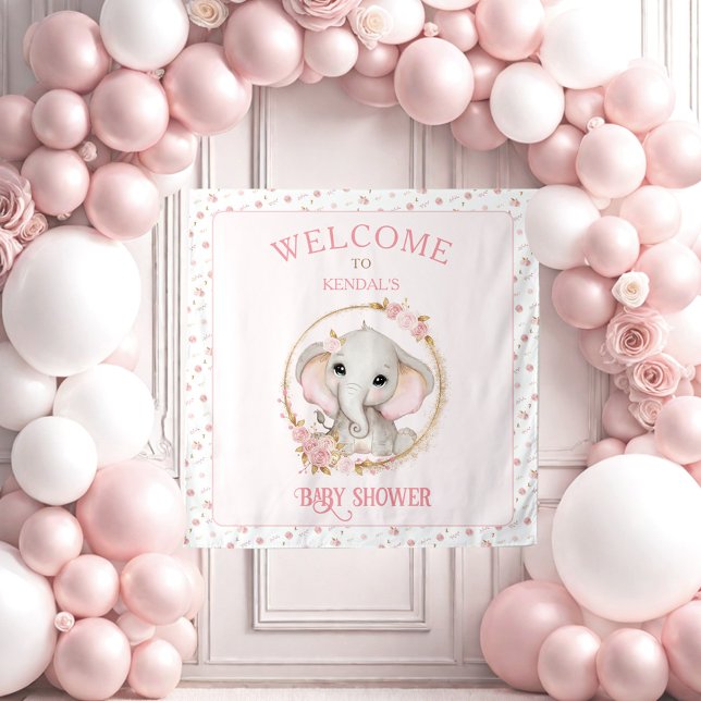 Tapiz Signo de bienvenida de Baby Shower para elefantes  (Cute Elephant and Flowers Baby Shower Welcome Sign Tapestry)
