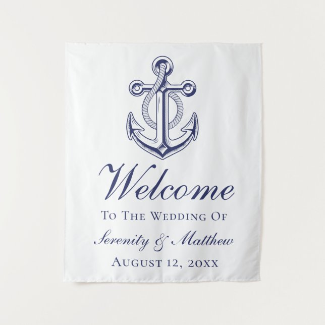 Tapiz Signo de bienvenida de la Marina Boda Náutica azul (Anverso)