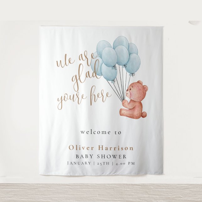 Tapiz Signo de bienvenida de Sweet Bear Baby Shower Blue (Anverso)