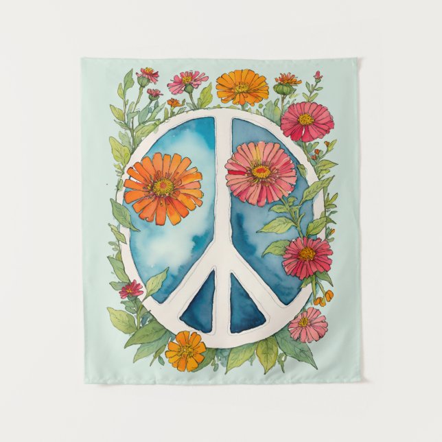 Tapiz Signo de paz Flores de zinnia flores retro 70 (Anverso)