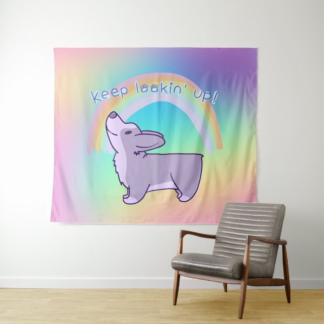 Tapiz "¡Sigue mirando hacia arriba!" Corgi Rainbow (In situ (horizontal))