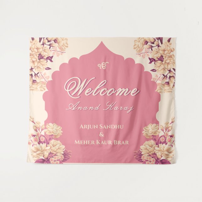 Tapiz Sikh Wedding Welcome Sign | Anand Karaj Welcome |  (Anverso (horizontal))