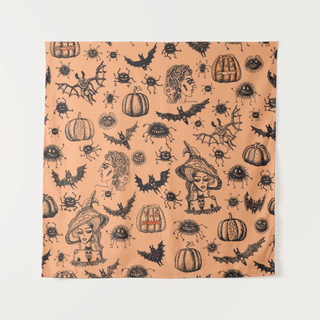 Tapiz Silhouette de Brujas de Halloween: Patrón Personal (Anverso)