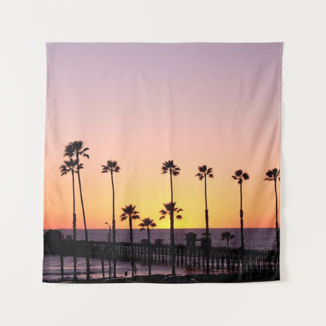 Tapiz Silhouette de palmeras y muelle al atardecer (Anverso)