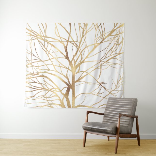 Tapiz Silhouette moderna de árbol de oro Diseño blanco m (In situ (horizontal))