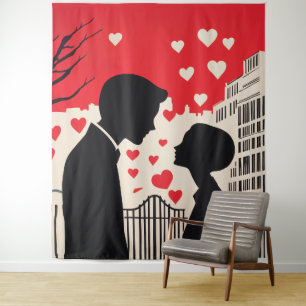 Tapiz Silhouette romántica Pareja Corazones de paisajes 
