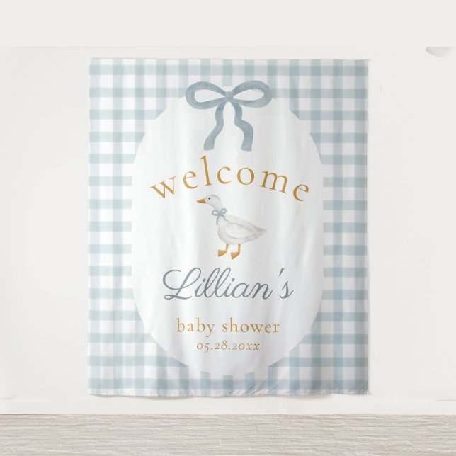 Tapiz Silly Goose Blue Baby Shower Welcome Backdrop  (Anverso)
