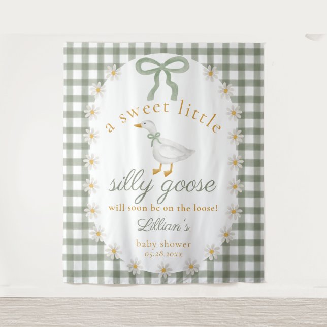 Tapiz Silly Goose Green Gingham Baby Shower Backdrop (Anverso)