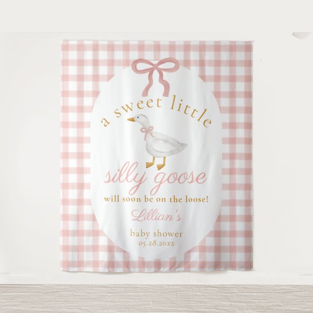 Tapiz Silly Goose Pink Gingham Girl Baby Shower Backdrop (Anverso)