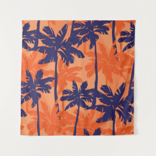 Tapiz Silueta de palmera azul, fondo naranja