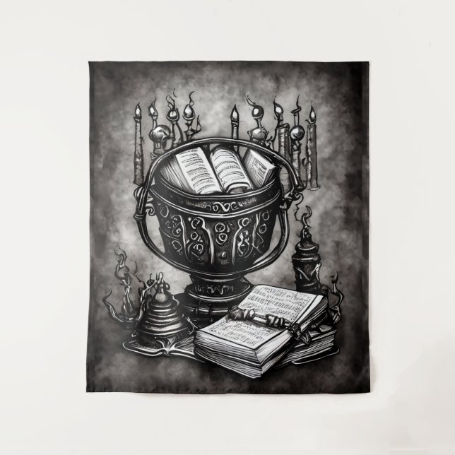 Tapiz Silvery Steampunk Cauldron Spellbooks and Potions (Anverso)