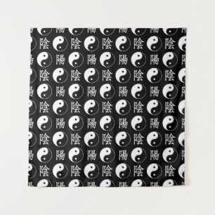 Tapiz Símbolo de Yinyang negro patrón de texto chino