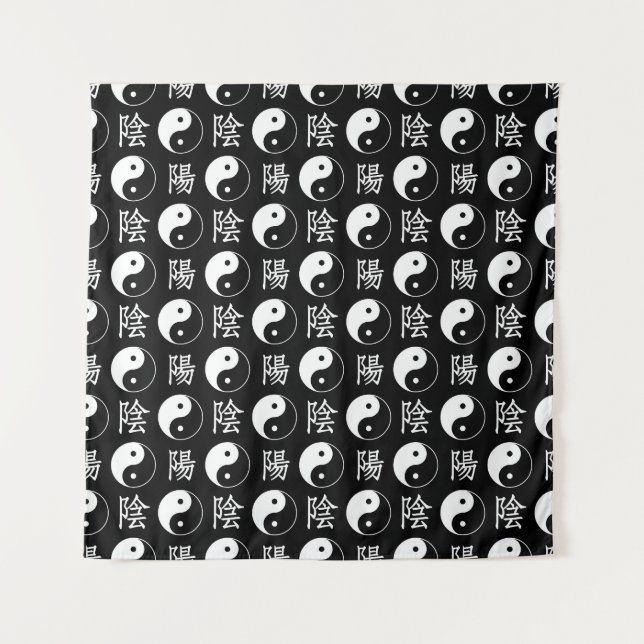 Tapiz Símbolo de Yinyang negro patrón de texto chino (Anverso)