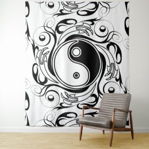 Tapiz Símbolo Yin & Yang negro y blanco estilo tatuaje