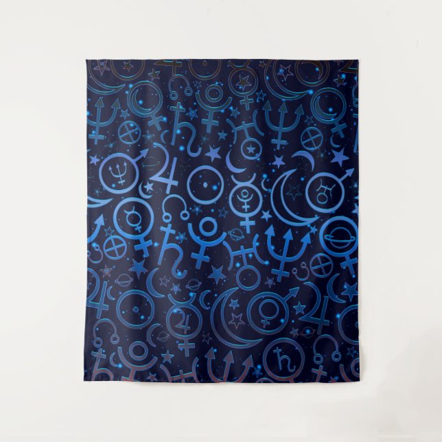 Tapiz Símbolos Planetarios Azules Universo Místico Plane (Anverso)