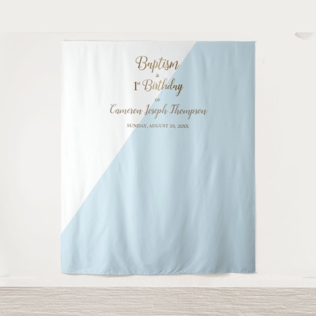 Tapiz Simple Blue Gold Baby Baptism primer cumpleaños (Anverso)