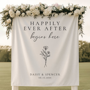 Tapiz Simple "Happy Ever After Begup Here" Boda de texto